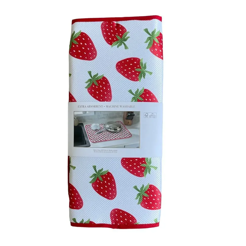 HOUSE & GARDEN Strawberry Dish Drying Mats Red & White 16x22 Set of 2 NEW
